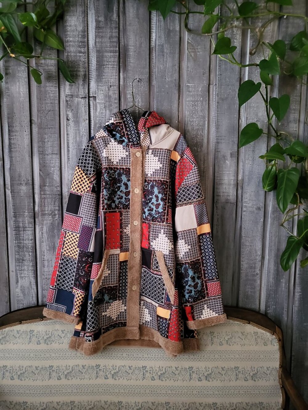 Boho Patchwork Fleece Lined Hooded Jacket Coat Oversized Teddy Trim NWOT